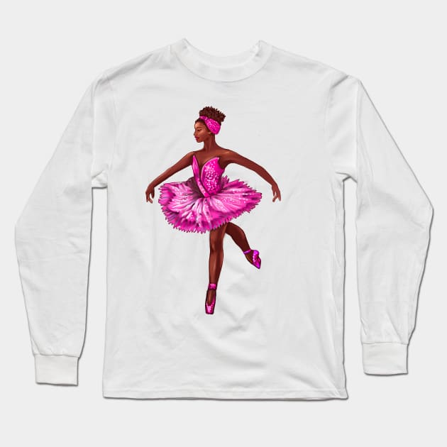 Ballet African American ballerina in pink tutu black woman with afro hair dancer dancing dance Long Sleeve T-Shirt by Artonmytee